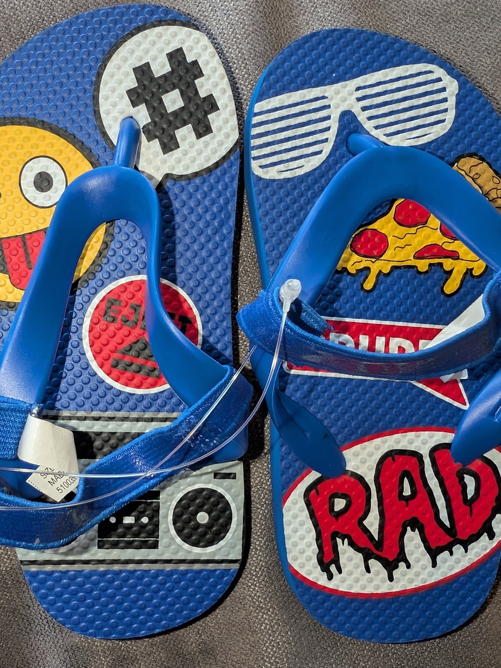 Kids Blue Graphic Flip-Flops with Fun Emoji & Pizza Design